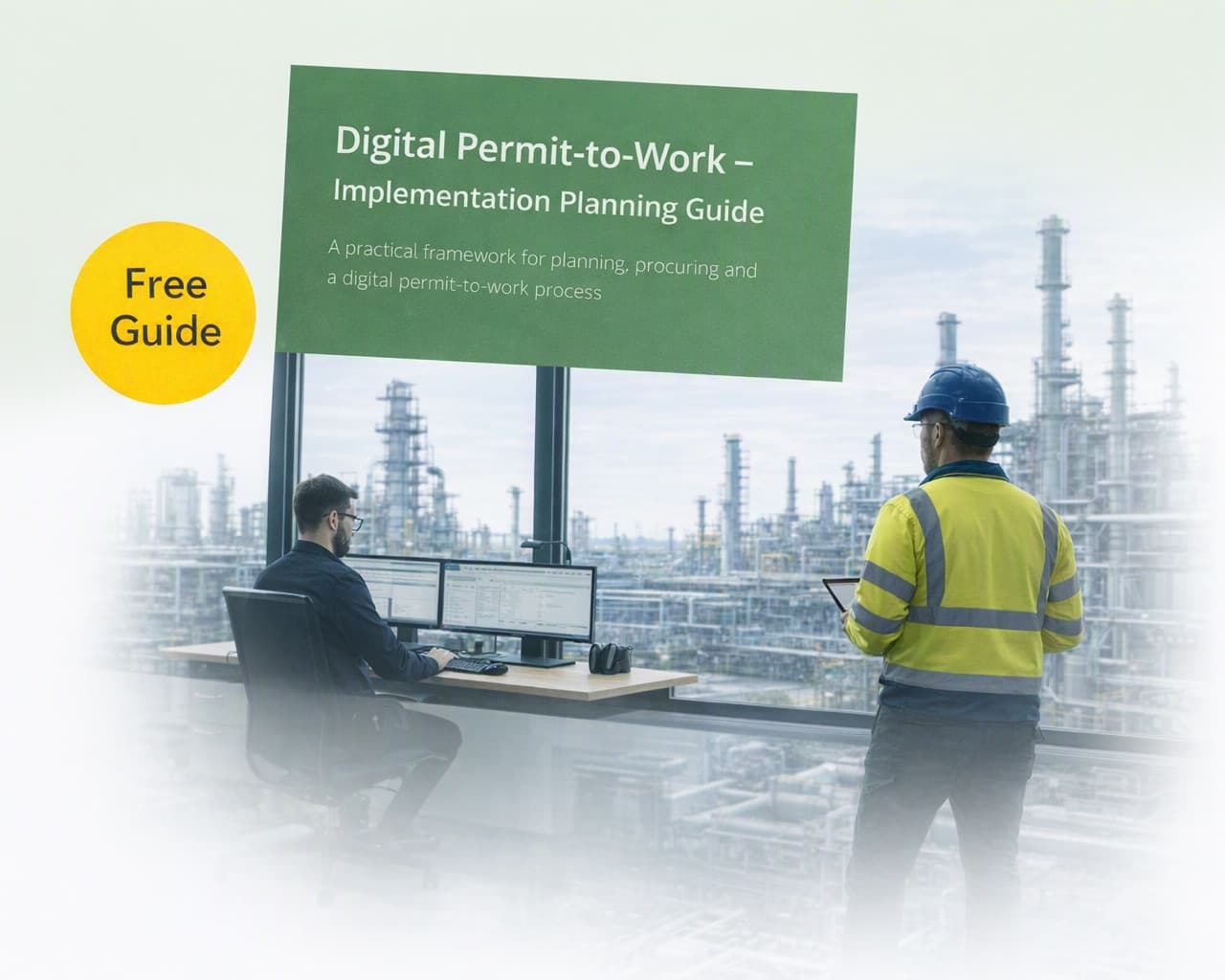 Implementierungs-Planungsleitfaden für digitale Arbeitserlaubnis: Cover und Industriearbeiter vor Ort